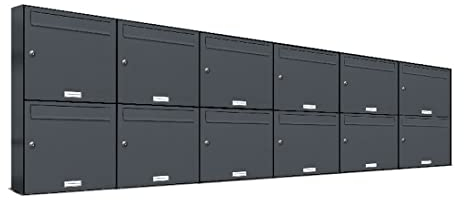 AL Briefkastensysteme 12er Briefkastenanlage Anthrazit Grau RAL 7016, Premium Briefkasten DIN A4, 12 Fach Postkasten modern Aufputz