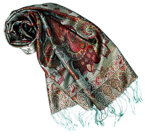 Lorenzo Cana sidenscarf för kvinnor, halsduk av 100 % siden vävd damhalsduk elegant paisley-mönster flerfärgad, Grågrön-flerfärgad, 35 x 160 cm