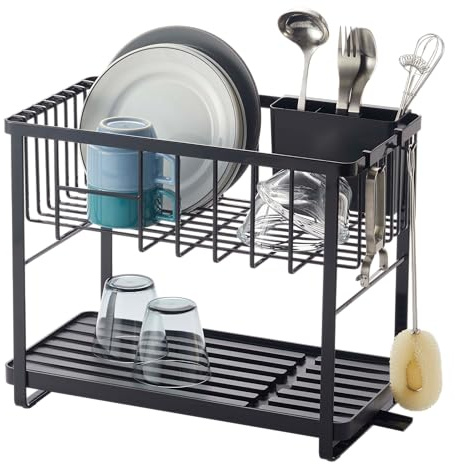 Yamazaki 4387 TOWER 2-Level Dish Drainer Rack, black, Steel/ABS Resin/Polypropylene/Silicone, Minimalist, 41 x 22 x 33 cm
