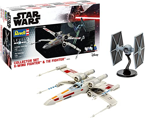 Revell Gift Set 06054 Star Wars X-Wing Fighter (Luke Skywalker) 1:57 Scale/TIE Fighter 1:65 Scale Unbuilt Plastic Model Kits with Contacta Professional Glue, Paintbrush & Selected Aqua Color Paints