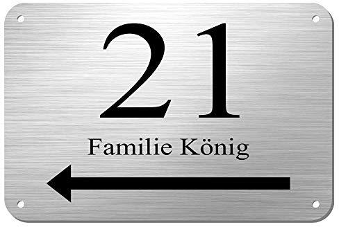 Edelstahl Hausnummernschild V2A mit individueller Lasergravur * Modell 21 | moderne Hausnummer in zeitlosem Design, Namensschild, Hinweisschild mit Pfeil