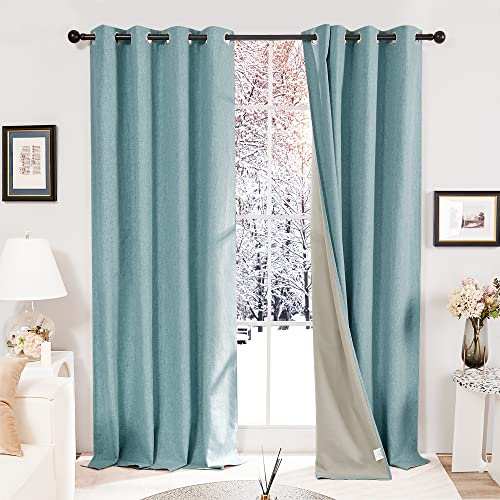 Deconovo Linen Effect 100% Blackout Eyelet Curtains Ring Top Thermal Insulated Curtains for Living Room Stone Blue W52 x L63 Inch Two Panels