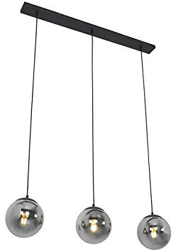 Qazqa Esstisch Art Deco Pendelleuchte, Pendellampe - Pallon - Schwarz mit Rauchglas, 3-flammig, 100cm, Ideal als Esszimmerlampe, Küche lampe, Schlafzimmerlampe und Wohnzimmerlampe