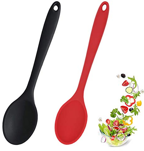 Kochlöffel Silikon,2 Stück Antihaft Kochlöffel,Servierlöffel Kunststoff, Hygienisches Design,Kochlöffel Kunststoff,Kochutensilien, RüHrlöFfel für KüChe, Kochen, Backen, RüHren (schwarz und rot)