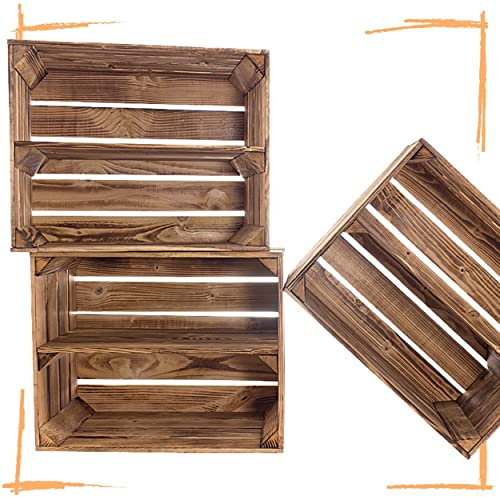 Truhenking 3 schöne, dekorative Obstkisten/Apfelkisten 50cmx40cmx30cm als Möbel, zur Aufbewahrung (3er geflammt)