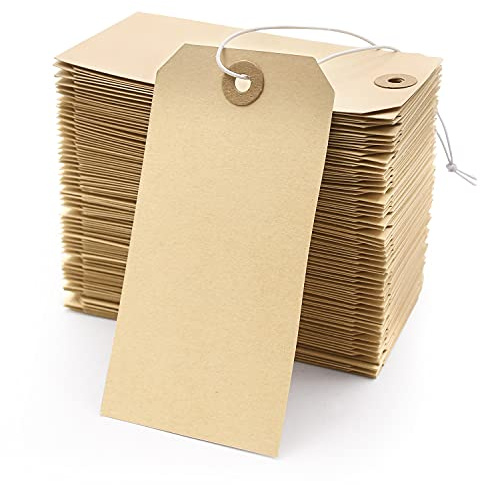 Blank Manila Shipping Tags with Elastic String - Coideal 120 PCS Strung Cardstock Paper Tags Attached Reinforced Hole, 4 3/4 x 2 3/8