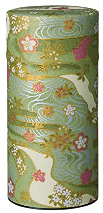 野口熊太郎茶園 Japanese Tea Canister Tin Shikisai(Four Seasons Color) Green/Double Lid/Japanese Washi Paper Pasted /200g Tea Capacity/Loose Leaf Tea Storage/Storage Container with Lid