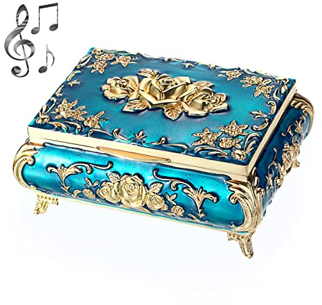 SUMTree Boîte à Bijoux Musicale Vintage en Métal - Blanche et Bleue - Pour Bracelet et Boucles d'Oreilles - Cadeau d'Anniversaire Pour Femme