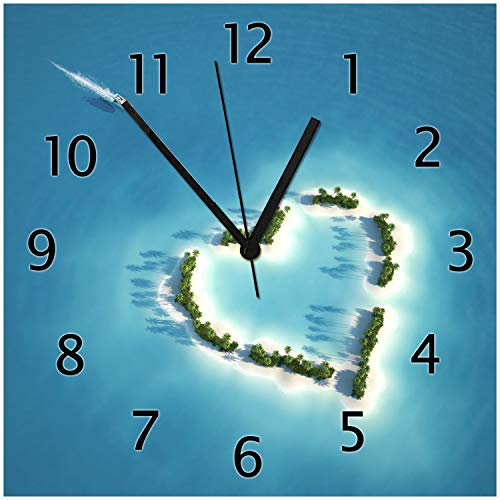 Wallario Design-Wanduhr Insel mit Herz aus Glas, Motiv-Uhr Größe 30 x 30 cm, Schwarze Zeiger