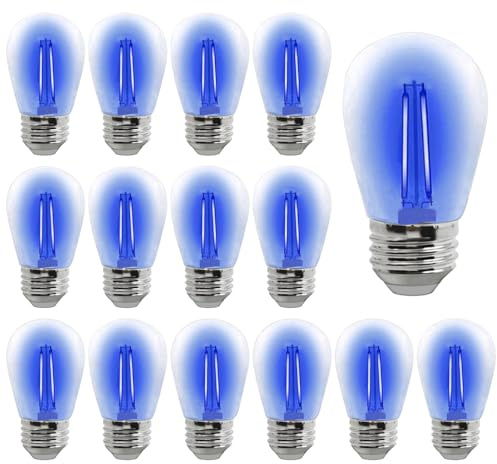 S14 LED Light Bulb 2W Blue Outdoor Replacement Bulbs Shatterproof Waterproof S14 Replacement Bulb Clear Plastic Vintage LED Filament Bulbs E26 E27 Base Decorative String Light Bulbs,15-Pack(Blue)