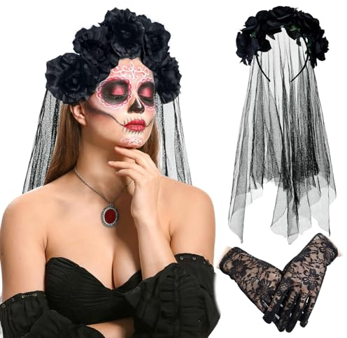 ACTOYS Diadema Día de los Muertos, Diadema de Flores Halloween Diadema Mujer, Diadema Gótica, Velo Negro Halloween, Velo de Novia Negro, Accesorio Disfraz Día de los Muertos Carnaval, Mascarada