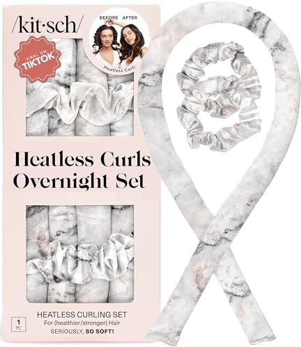 Kitsch Satin Heatless Curling Set - Lockenwickler für Heatless Curls | Heatless Hair Curler & Hot Roller | Lockenwickler zum Schlafen | Heatless Curling Rod Stirnband | Heatless Curler (Marmor)