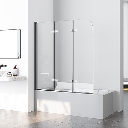 Duschwand für Badewanne, 130x140cm 3-teilig faltbar Duschwand Badewannenaufsatz Badewannenfaltwand Faltwand Duschabtrennung für Badewanne mit 6mm NANO Sicherheitsglas, Matt Schwarz