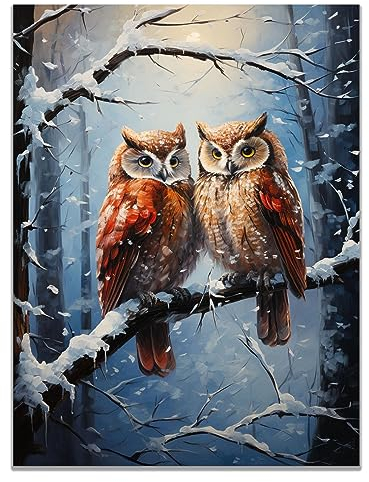 SHYAMIC Bilder Weihnachten Leinwandbild Kunstdruck, Orangefarbenes Eulenpaar Wandbild X-Mas Fenster Fotodruck Kunstdruck Leuchtbild, Weihnachten Winteridylle Effekt - 75x115cm Ungerahmt