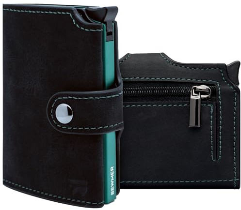 BEWMER v2 Kartenetui mit RFID-Schutz & Anti-Cloning - Damen & Herren Geldbörse mit Münzfach & Platz für 9 Kreditkarten | Kunstleder Portemonnaie Herren & Damen mit Clipverschluss | Schwarz-Türkis