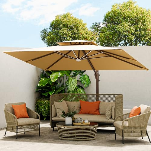 MEVBC 10 X 13 FT Cantilever Outdoor Patio Umbrella with Led Lights Large Heavy Duty 360° Rotation Double Top Offset Rectangular Umbrellas for Backyard Garden Pool Outside Deck, Beige