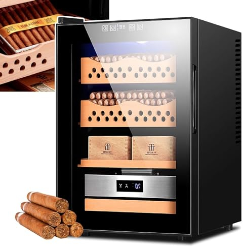 UPIKIT 50l Electric Cigar Humidors Temperature Control Cabinet with Spanish Cedar Wood Shelves Drawer,300 Capacity Electric Cooling Cigar Fridge, for Men,B