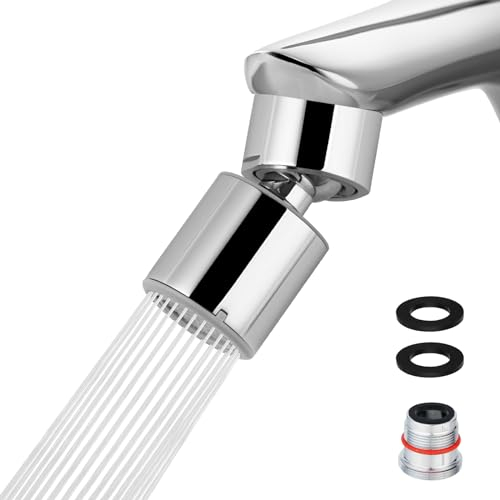 Hibbent Big Angle Faucet Tap Aerator Swivel, 360-Degree Twist and Rotation Kitchen Sink Aerator with 2-Flow - 22mm Female Thread with M18.5 Brass Adapter and 5 Plastic Adapter - Chrome