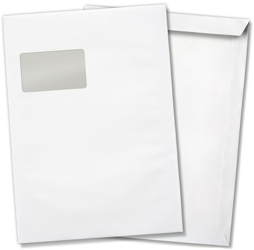 100 x Briefumschläge MIT Fenster DIN C4 für A4 (229 x 320 mm), gerade Klappe, selbstklebend, weiß, 120 g/qm Bewerbung und Dokumente