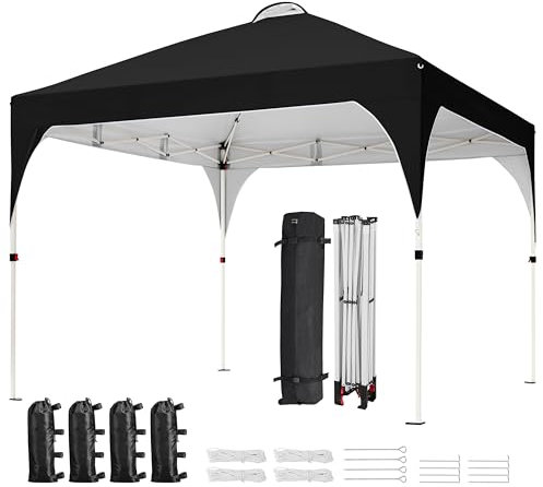 Yaheetech Pop Up Gazebo, 3x3m Instant Foldinng Shelter with Wheeled Bag, 4 Sandbags, 4 Ropes, 12 Stakes, Metal Frame, Adjustable Height, Top Air Vent, Black
