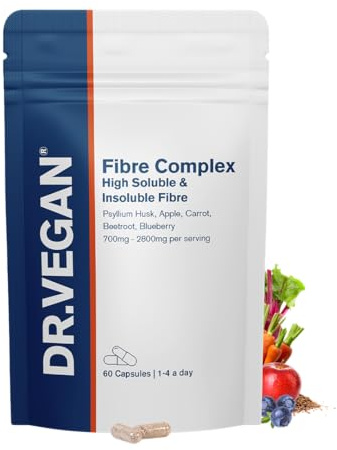 DR.VEGAN® Fibre Complex | Vegan High Fibre Supplement | Psyllium Husk, Apple, Carrot & Beetroot Fibre | Additive-Free, Gluten-Free | 60 Capsules, 2-A-Day
