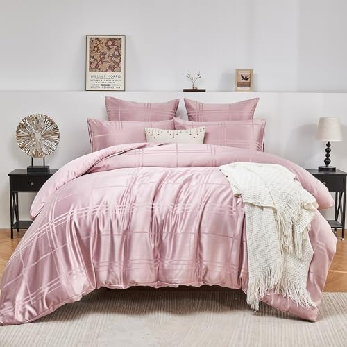 Luofanfei Satin Bettwäsche 135x200 cm Kariert Rosa Seide Glatt Glänzend Kühlende Sommer Wendebettwäsche 2 Teilig Microfaser Zweiteilig Geometrische Muster Bettbezug Set Einzelbett mit Reissverschluss