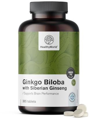 HealthyWorld Ginkgo Biloba mit sibirischem Ginseng 6600 mg - 365 Tabletten