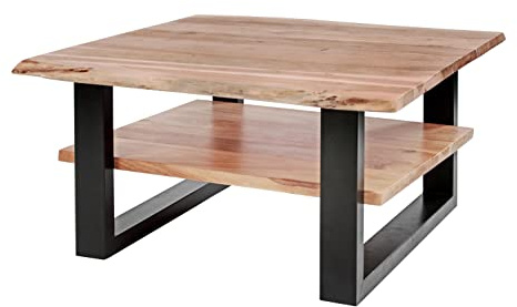 SAM B-Ware Couchtisch 90x90 cm Philipp, Akazie Natur, U-Gestell Schwarz | Sofatisch mit Ablage, Akazienholz massiv + naturfarben + lackiert, Beistelltisch mit echter Baumkante