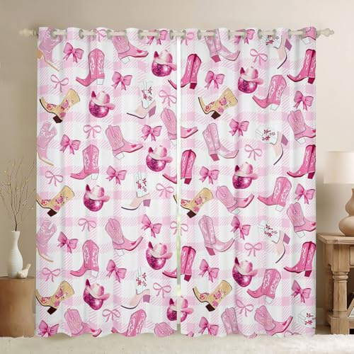 Manfei Cowgirl Princess Kids Blackout Curtain,Dreamy Bowknot Cowboy Boots Disco Ball Window Drapes for Girls Women,Geometric Plaids Patch Pink Window Treatments Grommet Top 2 Panel Set,52Wx84L inch