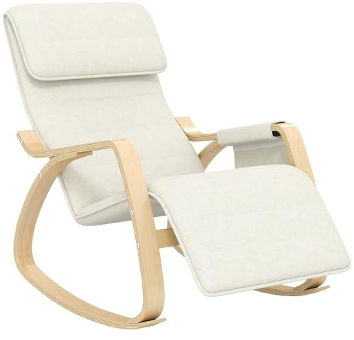 HOMCOM Schaukelstuhl Stillsessel Relaxsessel Wohnzimmer mit Verstellbarer Fußstütze, Seitentasche und Kopfstütze, Schaukelstuhl für Schlafzimmer, 67 x 110 x 91 cm cremefarben