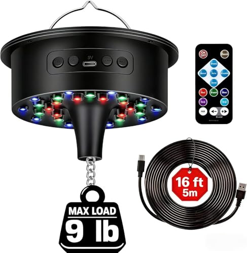 Disco Ball Motor with Remote & RGB LEDs, 1-8 RPM Stepless Speed Rotating Motor for 4 to 16 Inch Mirror Ball, Dual Power (USB/Battery), Silent Motor for Disco Party, Wedding, Christmas Decor (No Ball)