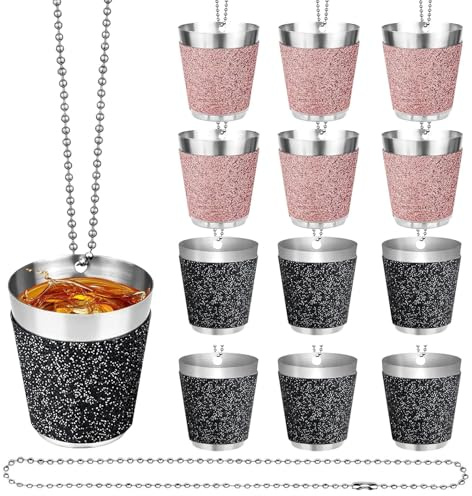 Schnapsgläser aus Edelstahl zum Aufhängen am Hals, 12 Stück mit Kette Shotgläser 30ml, Wiederverwendbare für Hochzeitsfeiern, Junggesellenabschiede, Karneval, Weinprobe Party(Rosa und Schwarz)