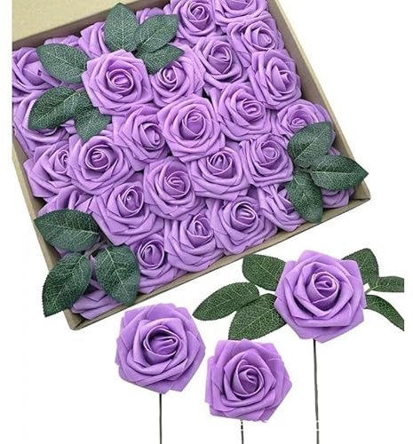 Xiao Hua Lot de 50 roses artificielles violettes pour décoration, aspect réaliste en mousse avec tige, bouquets de mariage, fête prénuptiale, arrangements floraux, fête des mères, fête des mères,