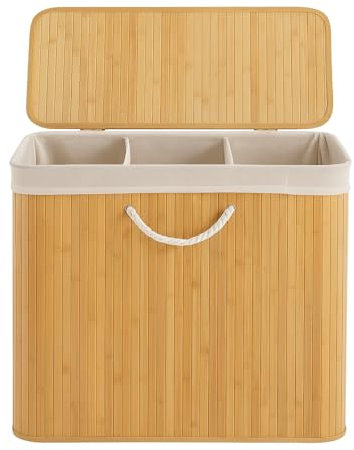 Panier à Linge 150L en Bambou - ENTREPRISE FRANÇAISE - Corbeille à Linge avec 3 Compartiments de Tri - Pliable, Sac Amovible Lavable - Idéal Buanderie et Chambre - Design Nature Bambou