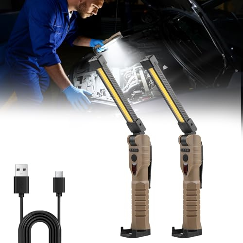 LIAISIMI LED lampada di lavoro lampada di officina,180 ° lampada di lavoro pieghevole con magnete & ganchi & pinza,3 lati 7 luce mod,per officina auto riparazione campeggio (EU-FT20-brown-2)