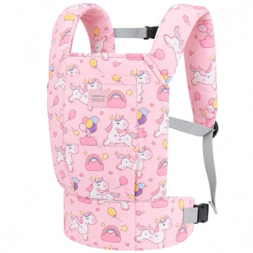 Bebamour Baby Doll Carrier for Kids, Adjustable Doll Carrier Backpack for Dolls up to 20 Inches, Soft Pretend Play Doll Accessories for Front & Back Carry, Fits Dolls & Stuffed Toys, Pink Unicorn