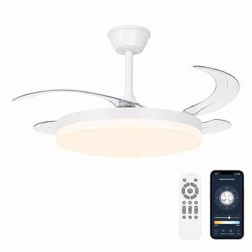 Bilake Ventilador de Techo con Aspas Retráctiles y Luz LED. Motor DC Ultra Silencioso, Bluetooth (App) y Mando, Función Invierno/Verano, Memoria y Altura Regulable (Blanco, 120cm | 72W | 7920lm)