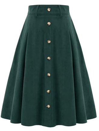 Jupe mi-longue en velours côtelé pour femme - Jupe trapèze - Vintage - Jupe plate - Basique - Décontractée - Taille haute - Jupe décontractée avec poches, vert foncé, L