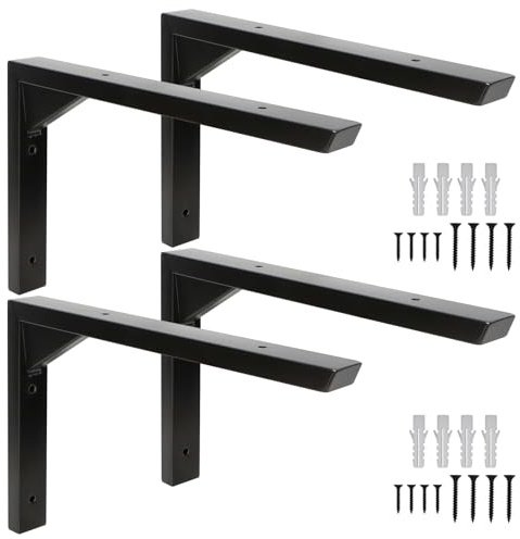 Terafeels 4 Stück Regalhalterung Schwarz, Regalwinkel Metall, Industrielle Regalträger, Wandregalhalter Montagewinkel (25 cm)