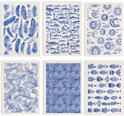 SUPERDANT 6Pcs Retro Feder Sonne Unterglasur Transferfolien Für Keramik Blumen Fisch Gemischte Abziehbilder Keramik Aufkleber Blau Unterglasur Transferpapier Für Porzellan Überglasur