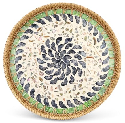 Roucerlin Vassoio decorativo rotondo in rattan con madreperla, 34,8 cm, vassoio da portata in vimini intrecciato a mano, cestino in rattan bohémien, per frutta, pane, caffè, bancone da cucina (34,8 cm