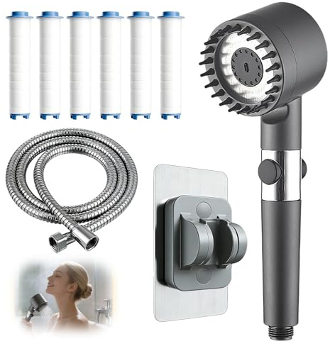 Pommeau de Douche Haute Pression Anti-Calcaire avec 6 Filtres, Économie d'Eau, 3 Modes de Jet et Bouton Stop - Kit Complet avec Flexible 1,5m et Support Mural, Gris Anthracite