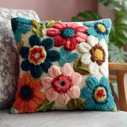 Henypt Kit Point Noué Coussin, fleurs Crochet de Verrouillage Kits de Coussins avec Crochet, Tapis Point Noué à Faire, 43x43cm