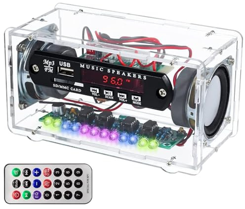 Sacolin Altoparlante wireless 5.0 Kit di pratica di saldatura con radio FM e custodia in acrilico trasparente, ingresso USB/Sd/AUX, luce attivata dal suono