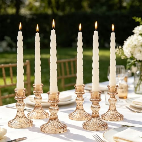 Kerzenhalter Glas, Gold Kerzenhalters für Kerzenständer, 10cm Hohe Gestreifte Kristall-Kerzenhalter, Dekorativer Candle Holder als Tischdekoration für Hochzeiten, Feste, Dinnerpartys, 6 Stück