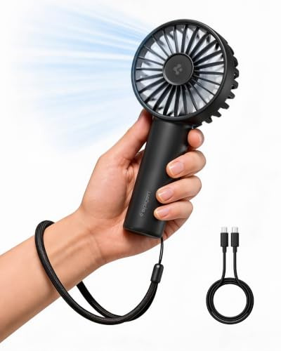 Spigen Ventilateur Mini Portable [Incl. Câble USB-C & Sangle] Portatif 1800mAh USB-C Rechargeable 3 Vitesses Jusqu'à 11H Silencieux Léger Voyage Bureau Extérieur - Noir