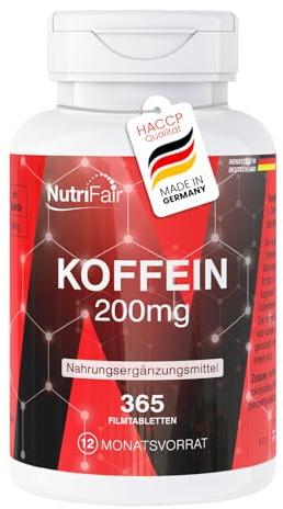Koffeintabletter 200mg – 365 tabletter – 200mg per tablett – högdoserade – lätta att svälja – 100% veganska – tillverkade i Tyskland och laboratorietestade – NutriFair | Premium & Fair