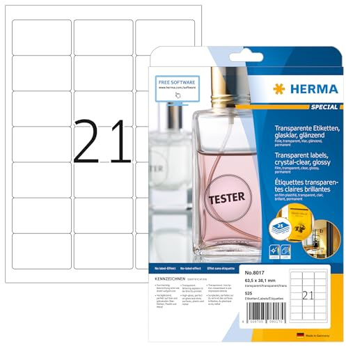 HERMA 8017 Wetterfeste Folienetiketten transparent, 25 Blatt, 63,5 x 38,1 mm, 21 pro A4 Bogen, 525 Stück, selbstklebend, bedruckbar, glänzend, blanko Klebeetiketten Aufkleber aus Folie, durchsichtig