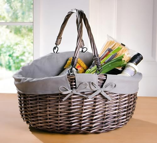 Dekoleidenschaft Einkaufskorb Modern aus Weide geflochten, grau, oval, umlegbare Henkel, stapelbar, SB Korb, Flechtkorb, Ladenkorb, Shopper, Warenkorb, Picknickkorb, Weidenkorb