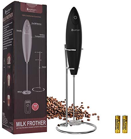 Zeattain Milk Frother Handheld Mixer, Battery Operated Electric Whisk Foam Maker for Cappuccino,Latte,Coffee,Matcha & More - Black